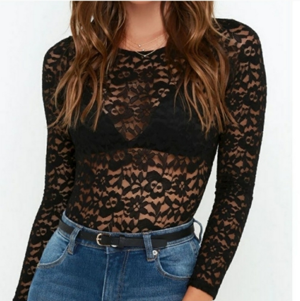Sheer Lace Stretch Long Sleeve Shirt - Picture 6 of 7